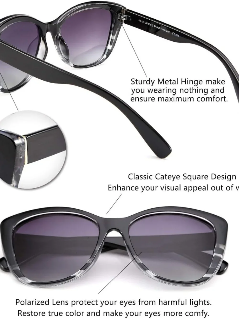 Elegant Polarized Cat Eye Sunglasses for Women - Jackie O Retro Style B2451